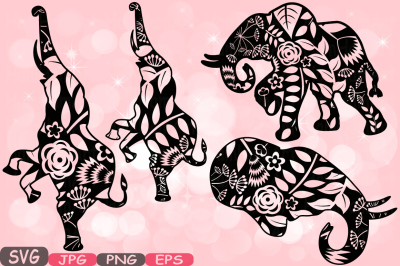 Elephant Safari Mascot Flower Monogram Cutting Files SVG Silhouette family baby school Clipart illustration eps png jpg zoo Vector 423s