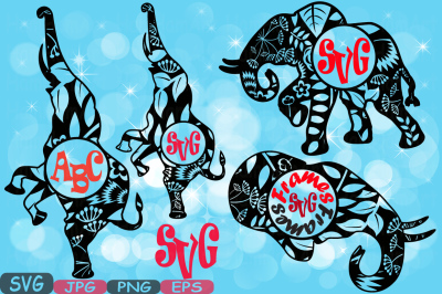 Elephant Circle Mascot v3 Frames Jungle Animal Safari Flower Monogram Cutting Files SVG Silhouette school Clipart eps png jpg zoo 424s