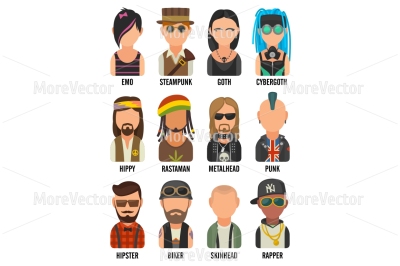 Set icon different subcultures people. Hipster, raper, emo, rastafarian, punk, biker, goth, hippy, metalhead, steampunk, skinhead, cybergoth. 
