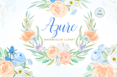 Azure Blue,  blush pink, Peach and Rose  watercolor clipart 