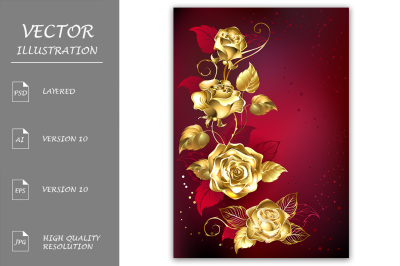 Gold Roses on Red Background