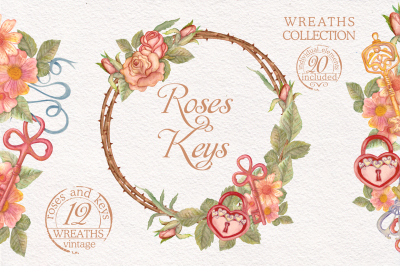 Watercolor wreaths set. Roses & keys