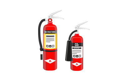 Fire extinguishers and flat signs.