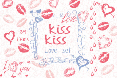 Love set. Hearts kisses frames doodle clip art. Romantic collection