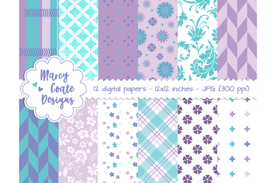 Purple &amp; Turquoise digital papers, set of 12 printable papers for planners, stickers, collage sheets, etc.