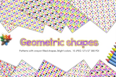 Digital papers set. Crayon filled geometric shapes patterns.