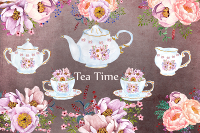 Tea time watercolor floral clipart