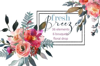 Fresh Breeze - Watercolor Pink and Peach Flowers and Bouquets