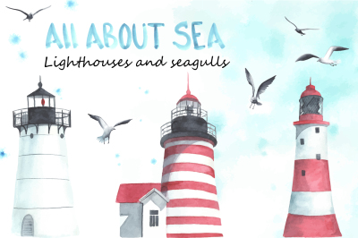 Lighthouses and seagulls. Watercolor