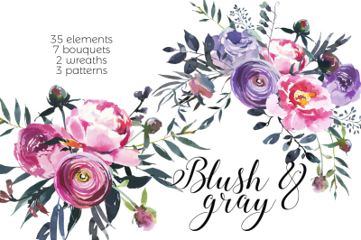 Blush and Gray Watercolor Flowers Clipart