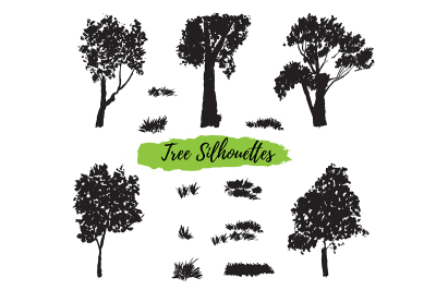 Silhouettes of trees and herbs