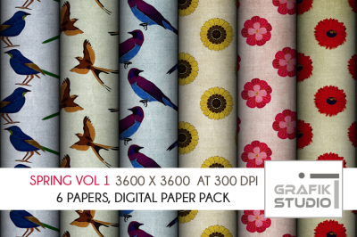 Exotic Flowers and Birds VOL 1 Spring digital paper seamless pattern pack