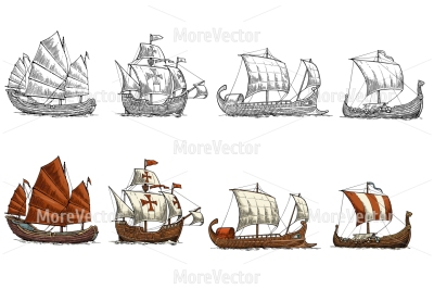 Trireme, caravel, drakkar, junk. Set sailing ships floating on the sea waves. 