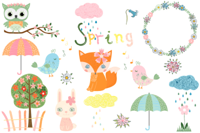 Cute spring clipart set, Animal character clip art, fox, owl, bird, bunny, wreath, flower tree