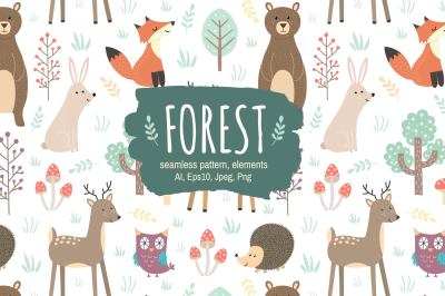 Forest: seamless pattern &amp; elements
