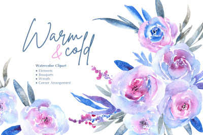 Watercolor Pink &amp; Blue Flowers Roses