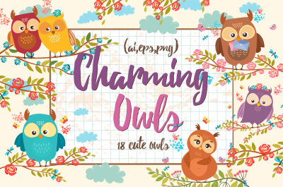 Charming owls. Set (ai,eps,png)