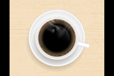 Cup of coffee on wooden table. Top view vector illustration.