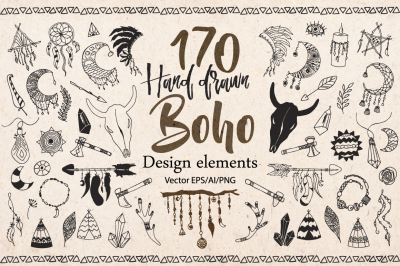 Hand drawn Boho Tribal design elements clipart