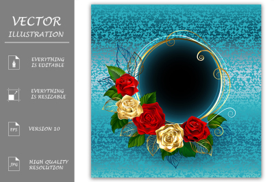 Round Banner with Roses on a Blue Background ( Gold Roses )