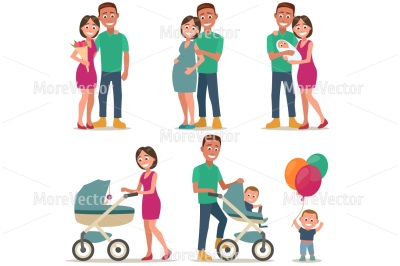 Stages of creating a family. Couple in love, pregnancy, the birth of a child, parents with baby carriage, son is playing balloon.