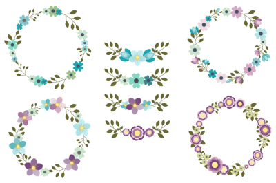 Wedding floral wreath clip art, Mint and violet flower wreaths clipart, Round borders and frames