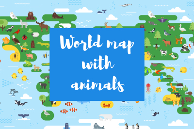 Flat World map with animals for kids