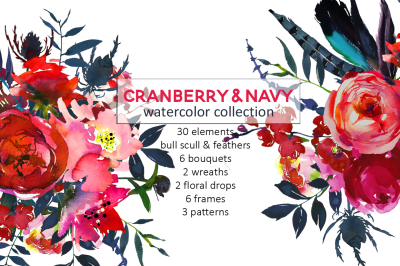 Red  Navy Watercolor Flowers Scarlett Magenta Peonies Roses Bouquets Clipart