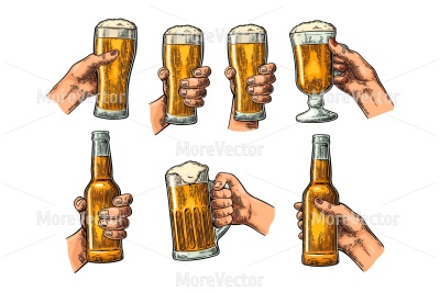 Man and woman hands holding and clinking with beer glass and open beer bottle. 