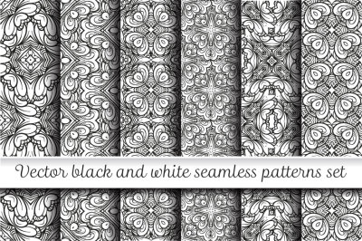 Black and white seamless patterns set