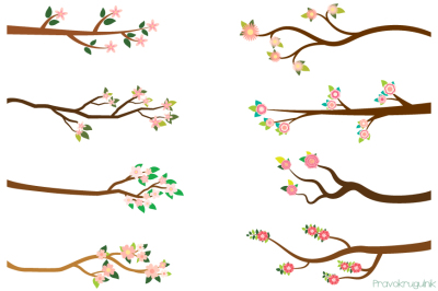 Pink flower branches clipart, Spring summer tree branch clip art, blossom