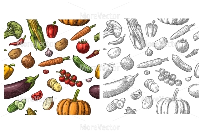 Seamless pattern vegetables. Cucumbers, Garlic, Corn, Pepper, Broccoli, Potato, Carrot, Onion, Eggplant and Tomato isolated on the white.
