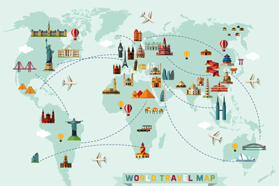 Map of the World and Travel Icons.