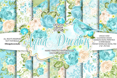 Watercolor Aqua Dreams digital paper pack