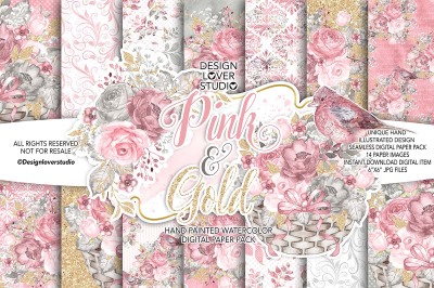 Watercolor PINK and GOLD digital paper pack