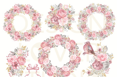 Watercolor PINK and Gold Wreath