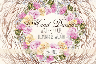  watercolor Elements & Wreath