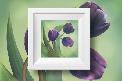 Beautiful illustration with three black tulips on green background.