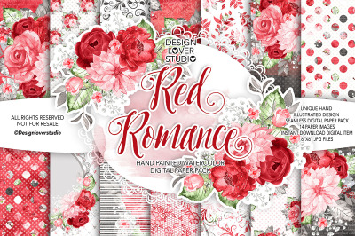 Watercolor RED ROMANCE digital paper pack