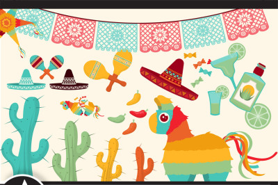 Cinco de Mayo clip art set | Mexico | Piñata | Papel picado | Tequila | Cactus