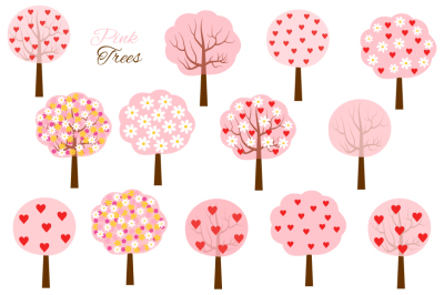 Pink love tree clipart set, Heart trees clip art, Valentine flower tree 