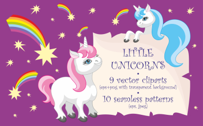 Little unicorns. Vector clip arts and patterns.