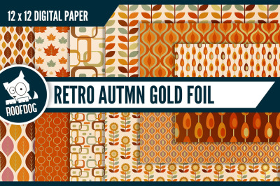 Gold foil fall digital paper—retro Autumn gold foil
