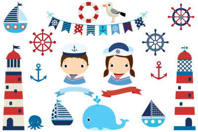 Nautical clipart set, Sail away party clipart, Boats, lighthouse, bunting, whale clip art