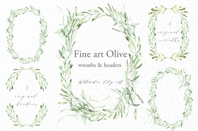 Olive branches wreaths & headers. Watercolor clipart.