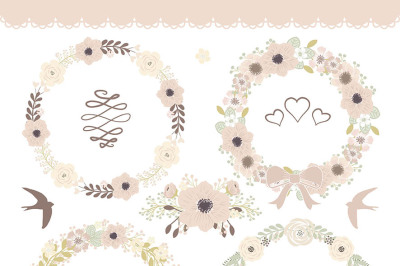 VECTOR wedding clipart, beige, wreath clipart,wedding clipart, flower clipart, flower wreath, flower frame