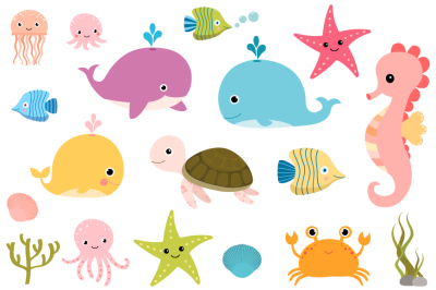 Under the sea clipart animal set, Sea animals , Ocean creatures, Seahorse, Crab, Turtle, Whale, Starfish, Octopus