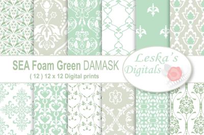 Sea Foam Green Damask Digital Paper