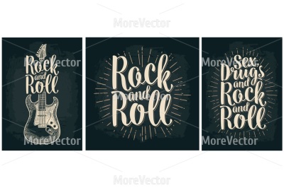 Electric guitar. Rock and Roll lettering. Vintage vector engraving 