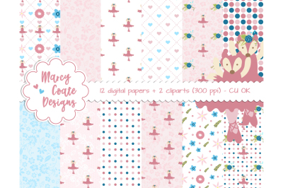 Pink Ballerina Fox digital paper and clipart, commercial use OK for planners, stickers, scrapbooking, card making, ATC, etc.